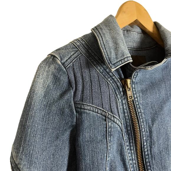 Sam Edelman Blue Two-Tone Denim Knit Zip Up Moto Jean Jacket Size Small - Picture 5 of 14